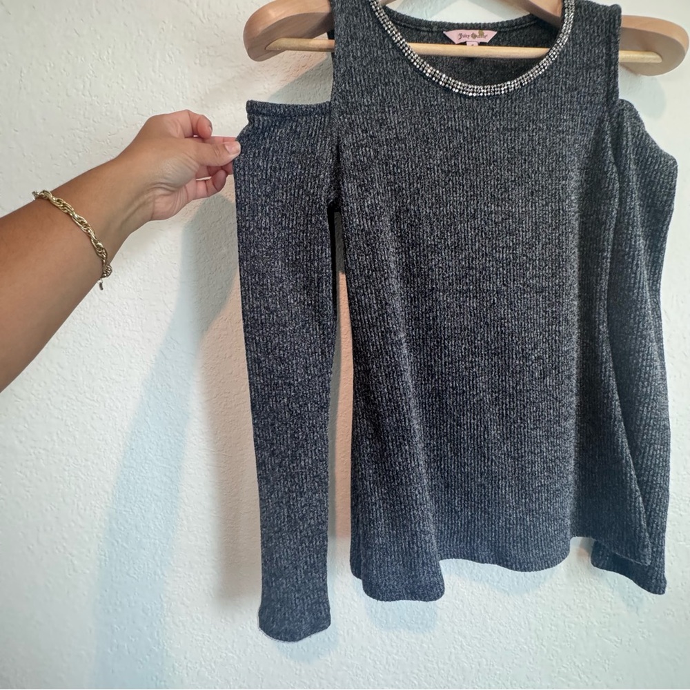 Y2K Juicy Couture Charcoal Cold-Shoulder Knit Top with Embellished Neckline